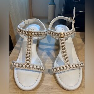 Chanel 22 White braided Sandals with Gold Accent and chunk heel